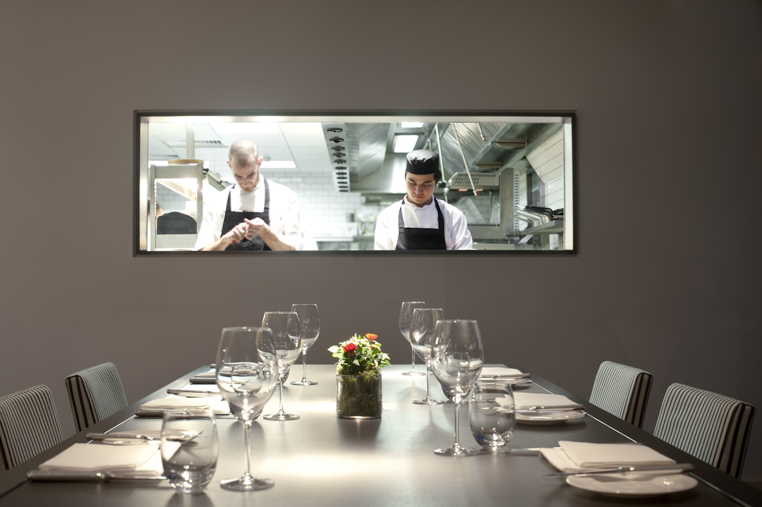 View into Angler's open kitchen from the Chef's Table